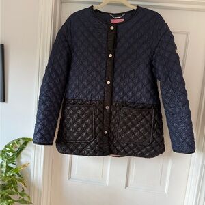 kate spade medium color block navy and black quilted jacket, gold spade emblem